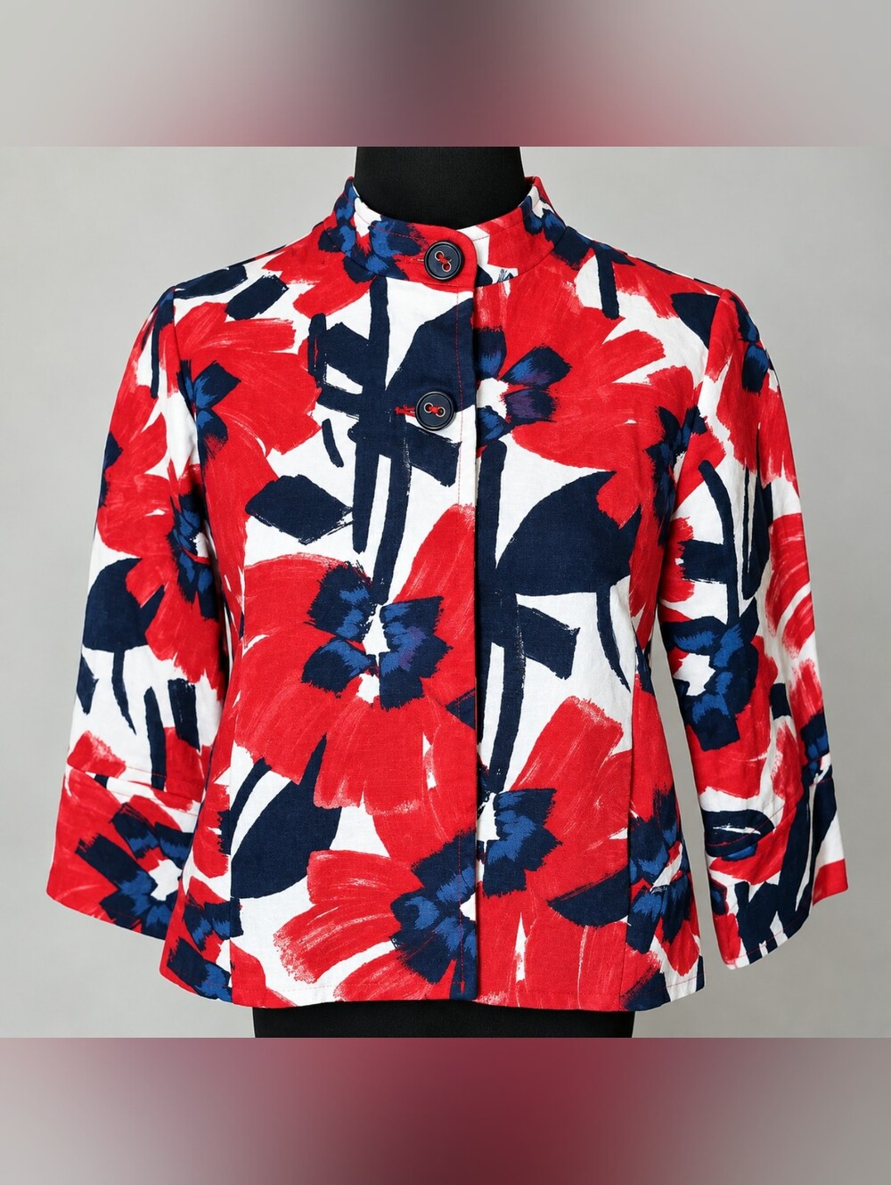 Ruby Rd Painterly Floral Cropped Jacket Red Navy Size 6